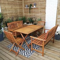Outdoor 6 Person Folding Rectangular Wooden Garden Dining Table Chairs and 2 Benches Set