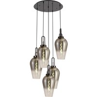 Yorktown 78cm Round 5 Light Pendant With 23cm Pear Glass, Black Chrome/Matt Black Smoked/Clear