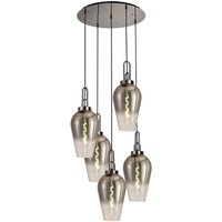 Yorktown 78cm Round 5 Light Pendant With 23cm Pear Glass, Polished Nickel/Matt Black Smoked/Clear