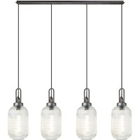 Yorktown Linear 4 Light Pendant With 20cm Tubular Ribbed Glass, Aged Pewter/Matt Black Clear