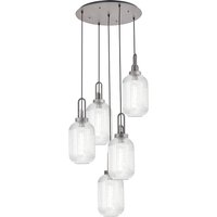 Yorktown 65cm Round 5 Light Pendant With 20cm Tubular Ribbed Glass, Aged Pewter/Matt Black Clear