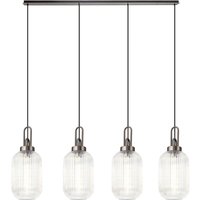 Yorktown Linear 4 Light Pendant With 20cm Tubular Ribbed Glass, Antique Silver/Matt Black Clear