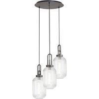 Yorktown 55cm Round 3 Light Pendant With 20cm Tubular Ribbed Glass, Aged Pewter/Matt Black Clear