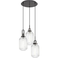 Yorktown 55cm Round 3 Light Pendant With 20cm Tubular Ribbed Glass, Black Chrome/Matt Black Clear