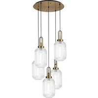 Yorktown 65cm Round 5 Light Pendant With 20cm Tubular Ribbed Glass, Brass Gold/Matt Black Clear