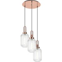 Yorktown 55cm Round 3 Light Pendant With 20cm Tubular Ribbed Glass, Copper/Matt Black Clear