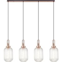 Yorktown Linear 4 Light Pendant With 20cm Tubular Ribbed Glass, Copper/Matt Black Clear