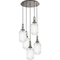 Yorktown 65cm Round 5 Light Pendant With 20cm Tubular Ribbed Glass, Polished Nickel/Matt Black Clear