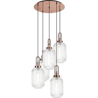 Yorktown 65cm Round 5 Light Pendant With 20cm Tubular Ribbed Glass, Copper/Matt Black Clear
