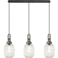 Yorktown Linear 3 Light Pendant With 20cm Almond Ribbed Glass, Aged Pewter/Matt Black Clear