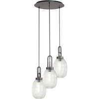 Yorktown 55cm Round 3 Light Pendant With 20cm Almond Ribbed Glass, Aged Pewter/Matt Black Clear