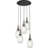 Yorktown 65cm Round 5 Light Pendant With 20cm Almond Ribbed Glass, Antique Silver/Matt Black Clear