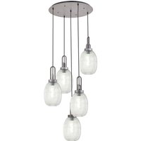 Yorktown 65cm Round 5 Light Pendant With 20cm Almond Ribbed Glass, Aged Pewter/Matt Black Clear