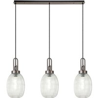 Yorktown Linear 3 Light Pendant With 20cm Almond Ribbed Glass, Antique Silver/Matt Black Clear