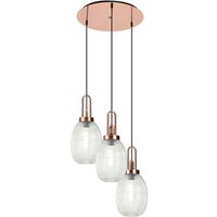 Yorktown 55cm Round 3 Light Pendant With 20cm Almond Ribbed Glass, Copper/Matt Black Clear