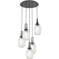 Yorktown 65cm Round 5 Light Pendant With 20cm Almond Ribbed Glass, Black Chrome/Matt Black Clear