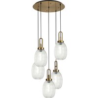 Yorktown 65cm Round 5 Light Pendant With 20cm Almond Ribbed Glass, Brass Gold/Matt Black Clear