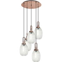 Yorktown 65cm Round 5 Light Pendant With 20cm Almond Ribbed Glass, Copper/Matt Black Clear