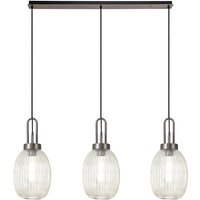Yorktown Linear 3 Light Pendant With 20cm Almond Ribbed Glass, Antique Silver/Matt Black Champagne