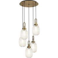 Yorktown 65cm Round 5 Light Pendant With 20cm Almond Ribbed Glass, Brass Gold/Matt Black Champagne