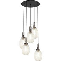 Yorktown 65cm Round 5 Light Pendant With 20cm Almond Ribbed Glass, Antique Silver/Matt Black Champagne