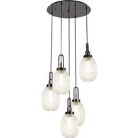 Yorktown 65cm Round 5 Light Pendant With 20cm Almond Ribbed Glass, Black Chrome/Matt Black Champagne