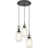 Yorktown 55cm Round 3 Light Pendant With 20cm Almond Ribbed Glass, Black Chrome/Matt Black Champagne