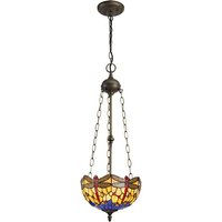 Worcester 3 Light Uplighter Ceiling Pendant E27 With 30cm Tiffany Shade, Blue, Orange, Crystal, Aged Antique Brass