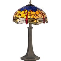 Worcester 2 Light Octagonal Table Lamp E27 With 40cm Tiffany Shade, Blue, Orange, Crystal, Aged Antique Brass