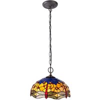 Worcester 2 Light Downlighter Ceiling Pendant E27 With 40cm Tiffany Shade, Blue, Orange, Crystal, Aged Antique Brass
