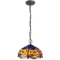 Worcester 3 Light Downlighter Ceiling Pendant E27 With 40cm Tiffany Shade, Blue, Orange, Crystal, Aged Antique Brass