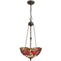 Worcester 3 Light Uplighter Ceiling Pendant E27 With 40cm Tiffany Shade, Purple, Pink, Crystal, Aged Antique Brass
