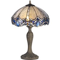 Worcester 2 Light Curved Table Lamp E27 With 40cm Tiffany Shade, Blue, Clear Crystal, Aged Antique Brass