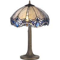 Worcester 2 Light Tree Like Table Lamp E27 With 40cm Tiffany Shade, Blue, Clear Crystal, Aged Antique Brass