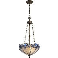 Worcester 3 Light Uplighter Ceiling Pendant E27 With 40cm Tiffany Shade, Blue, Clear Crystal, Aged Antique Brass