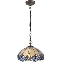 Worcester 3 Light Downlight Ceiling Pendant E27 With 40cm Tiffany Shade, Blue, Clear Crystal, Aged Antique Brass