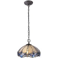 Worcester 2 Light Downlight Ceiling Pendant E27 With 40cm Tiffany Shade, Blue, Clear Crystal, Aged Antique Brass