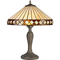 Worcester 2 Light Curved Table Lamp E27 With 40cm Tiffany Shade, Amber, Crystal, Aged Antique Brass
