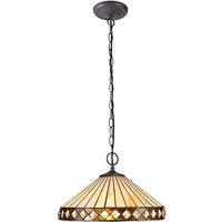 Worcester 2 Light Downlighter Ceiling Pendant E27 With 40cm Tiffany Shade, Amber, Crystal, Aged Antique Brass