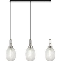 Yorktown Linear 3 Light Ceiling Pendant E27 With 20cm Almond Ribbed Glass, Clear Polished Nickel, Matt Black