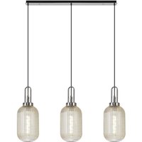 Yorktown Linear 3 Light Pendant E27 With 20cm Tubular Ribbed Glass, Champagne Polished Nickel, Matt Black