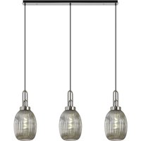 Yorktown Linear 3 Light Ceiling Pendant E27 With 20cm Almond Ribbed Glass, Smoked Polished Nickel, Matt Black