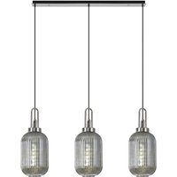 Yorktown Linear 3 Light Pendant E27 With 20cm Tubular Ribbed Glass, Smoked Polished Nickel, Matt Black
