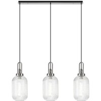 Yorktown Linear 3 Light Pendant E27 With 20cm Tubular Ribbed Glass, Clear Polished Nickel, Matt Black