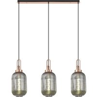 Yorktown Linear 3 Light Pendant E27 With 20cm Tubular Ribbed Glass, Smoked Copper, Matt Black