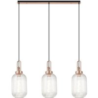 Yorktown Linear 3 Light Pendant E27 With 20cm Tubular Ribbed Glass, Clear Copper, Matt Black