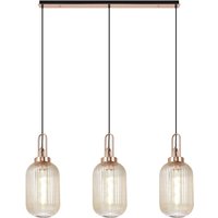 Yorktown Linear 3 Light Pendant E27 With 20cm Tubular Ribbed Glass, Champagne Copper, Matt Black