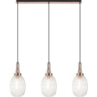 Yorktown Linear 3 Light Ceiling Pendant E27 With 20cm Almond Ribbed Glass, Clear Copper, Matt Black