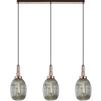 Yorktown Linear 3 Light Ceiling Pendant E27 With 20cm Almond Ribbed Glass, Smoked Copper, Matt Black