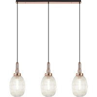Yorktown Linear 3 Light Ceiling Pendant E27 With 20cm Almond Ribbed Glass, Champagne Copper, Matt Black
